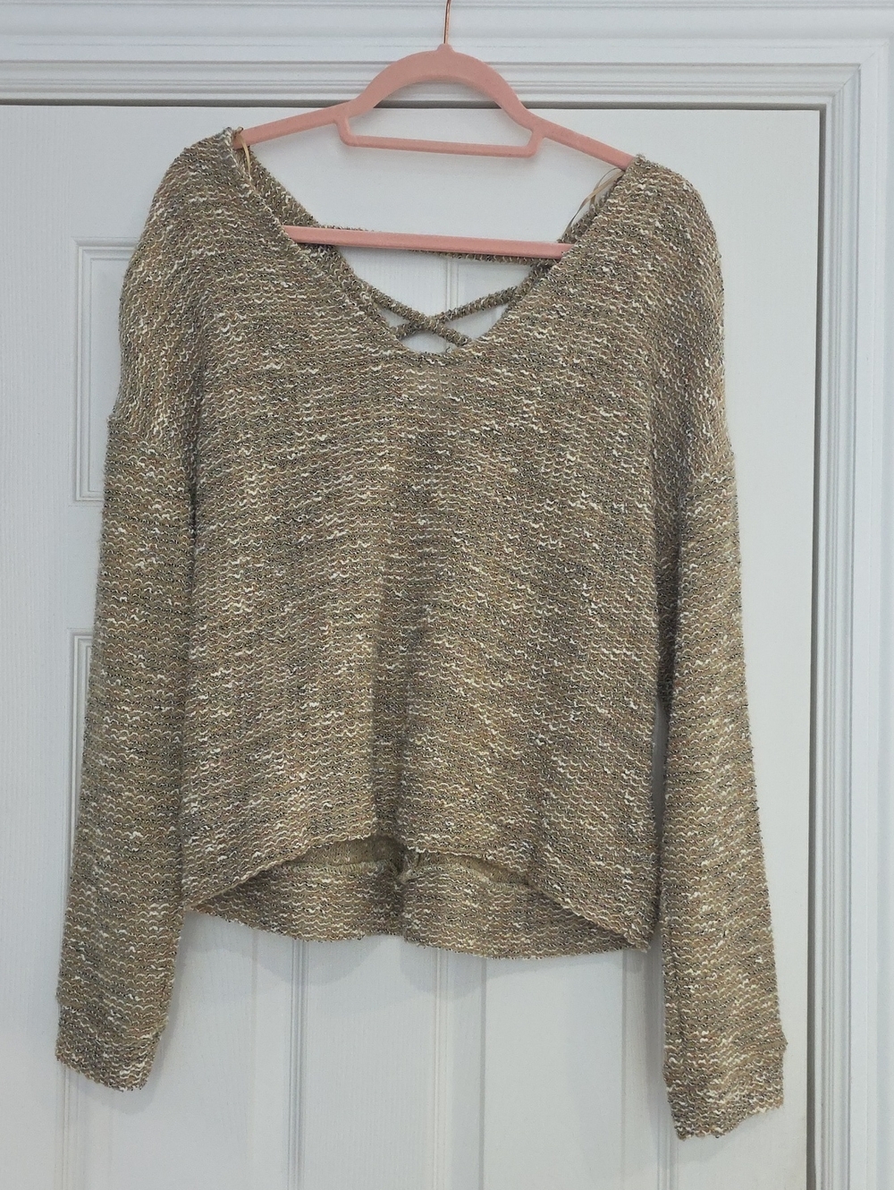 Papermoon Gold Tan Metallic Crisscross V-Neck Sweater